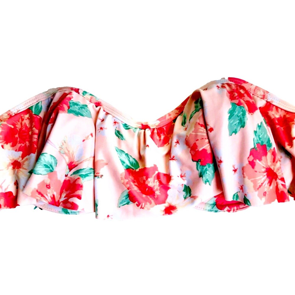 Xhilaration Bikini Top Strapless Floral Pink D/DD Ruffle Flounce Padded Beach